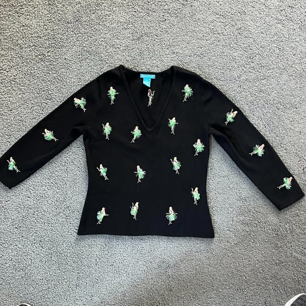 Alexandra Bartlett Hawaiian Hula Girl Black 3/4 length sleeve knit sweater - Picture 2 of 11